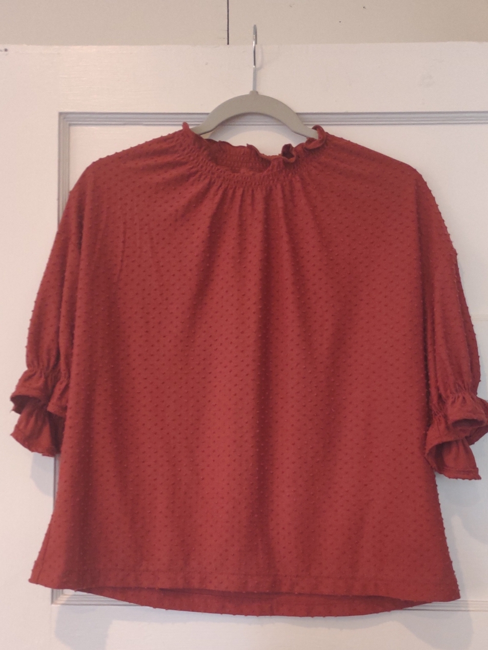 Madewell Burnt Orange Textured Ruffle Neck Blouse